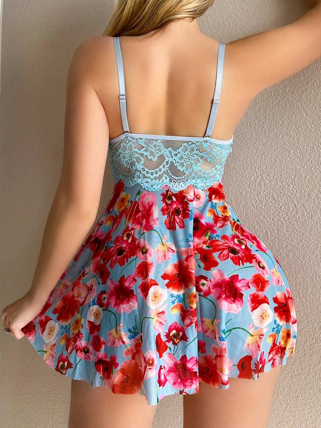Women's Lace Underwire Floral Babydoll Nightgown Flowy Lingerie Dress and Thong Set