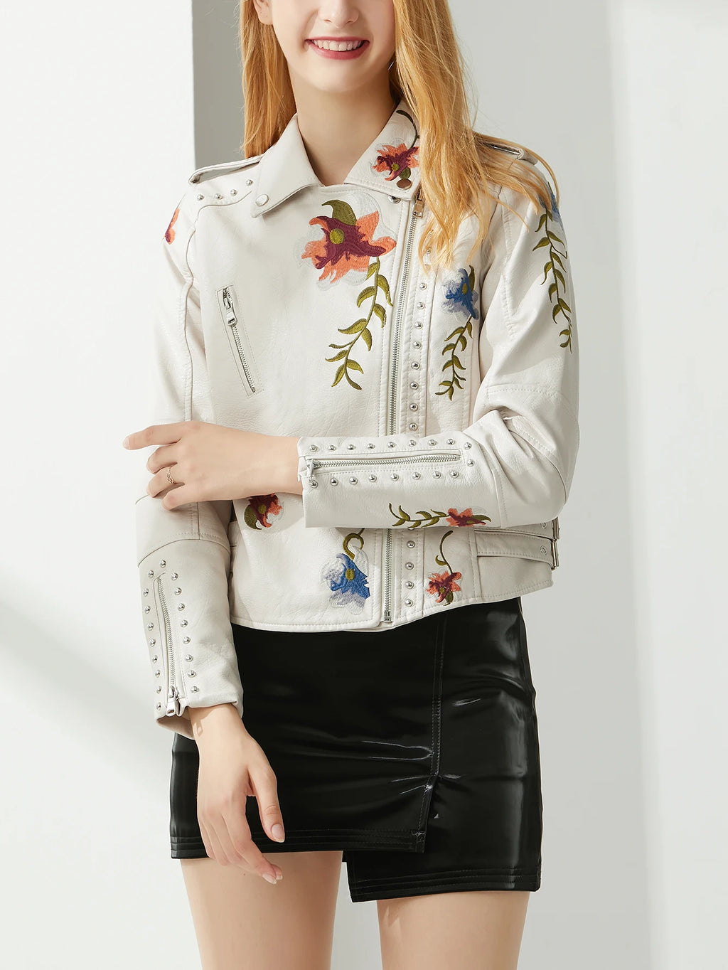 Women  Rivet Floral Embroidery Coat Lady Moto Biker Black Punk Leather Jacket Faux PU Leather Outerwear