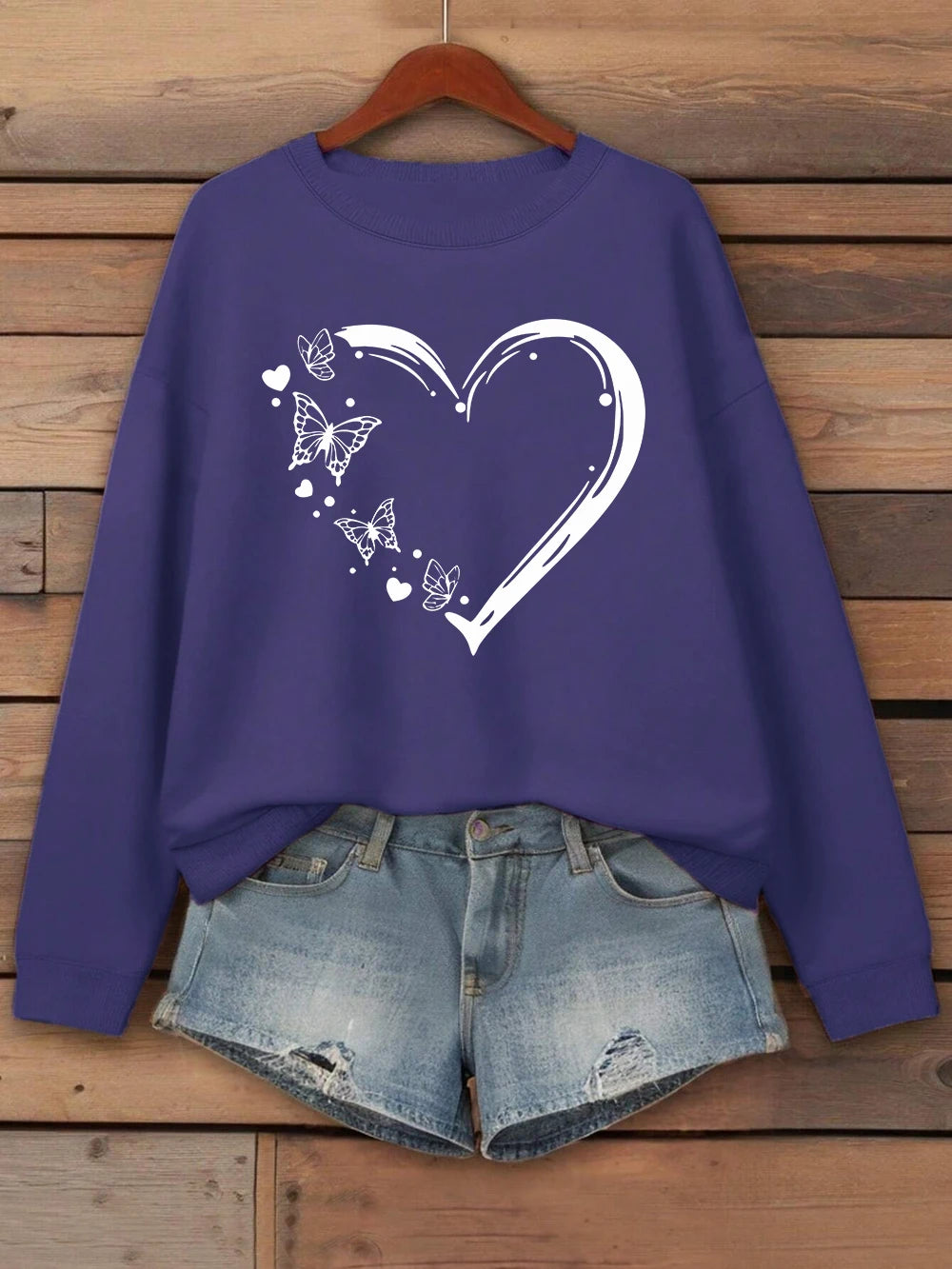 Heart Shaped Butterflyprinting Sweatshirt Womens Crewneck Basics Hoodie Loose Fleece Warm Clothes Winter Sporty Woman Streetwear