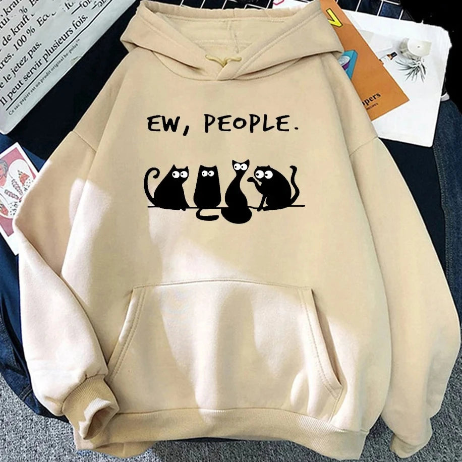 Autumn Winter Woman Hoodies EW PEOPLE Letter Print Top Funny Harajuku Cartoon Black Cat Pattern Clothing