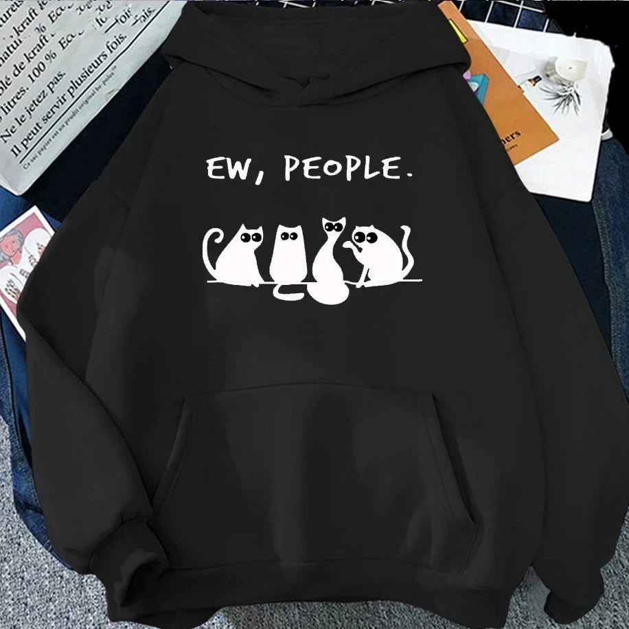 Autumn Winter Woman Hoodies EW PEOPLE Letter Print Top Funny Harajuku Cartoon Black Cat Pattern Clothing
