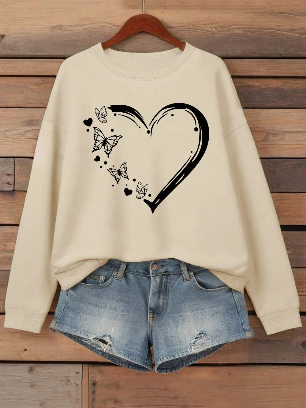 Heart Shaped Butterflyprinting Sweatshirt Womens Crewneck Basics Hoodie Loose Fleece Warm Clothes Winter Sporty Woman Streetwear