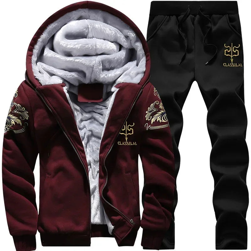 Autumn Winter Men's Sports Sets Casual Hooded Cardigan Jacket Outdoor Thick Warm Tracksuit Men Zip Up Hoodie+Pants Two-piece Set
