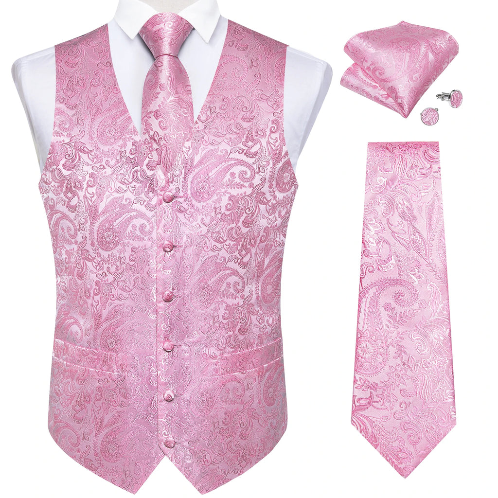 Luxury Paisley Men's Suit Vest Black Pink Red Wedding Prom Tuxedo Waistcoat Necktie Handkerchief Cufflink Sleeveless Jacket Vest