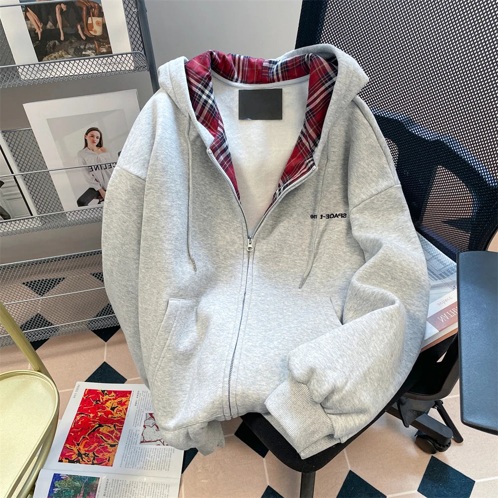 American Lazy Sle Retro Plaid Splicing Hoodie Cardigan Men's Unique Matchable Hooded Jaet Trendy Couple Outerwear