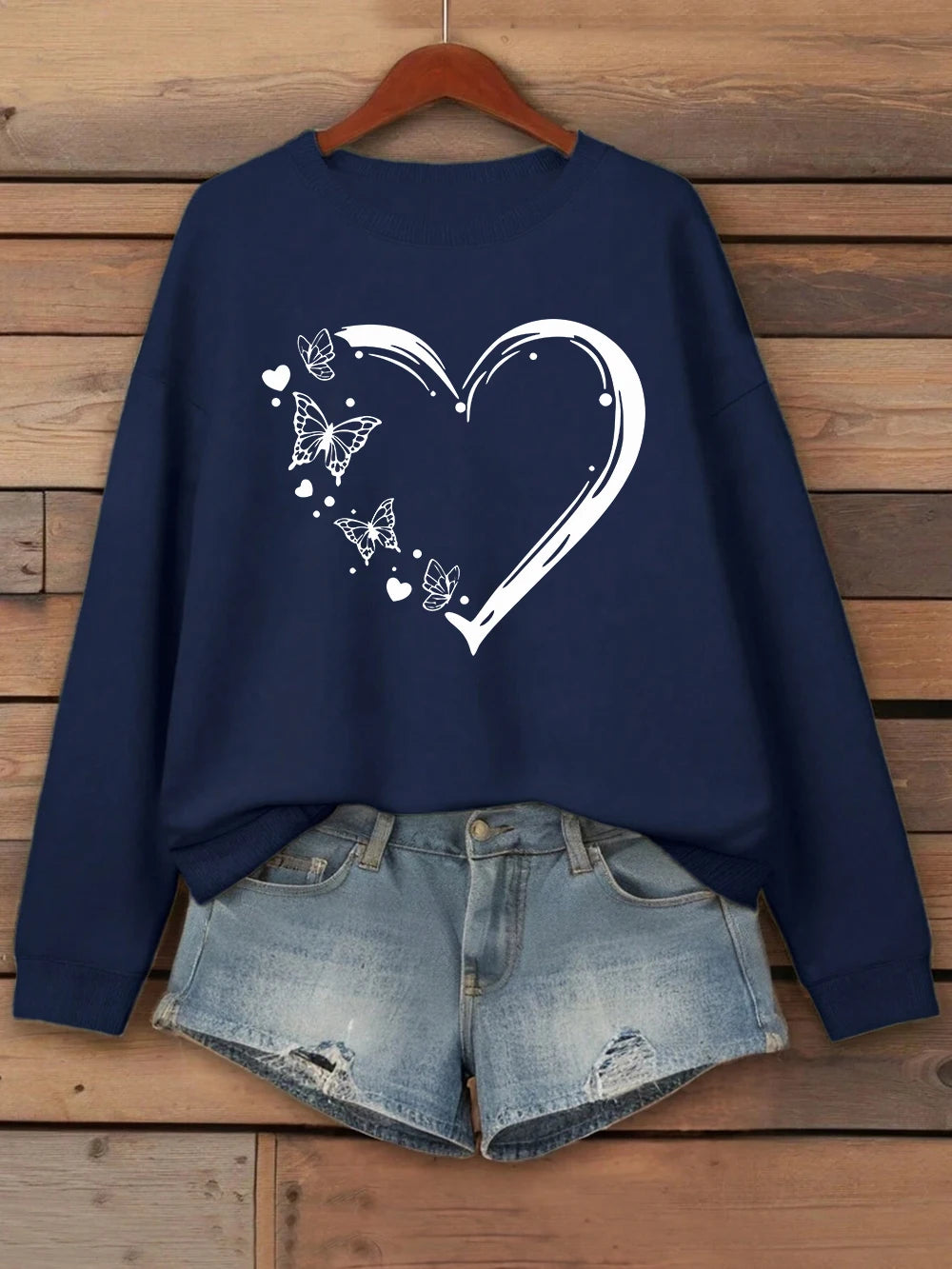 Heart Shaped Butterflyprinting Sweatshirt Womens Crewneck Basics Hoodie Loose Fleece Warm Clothes Winter Sporty Woman Streetwear