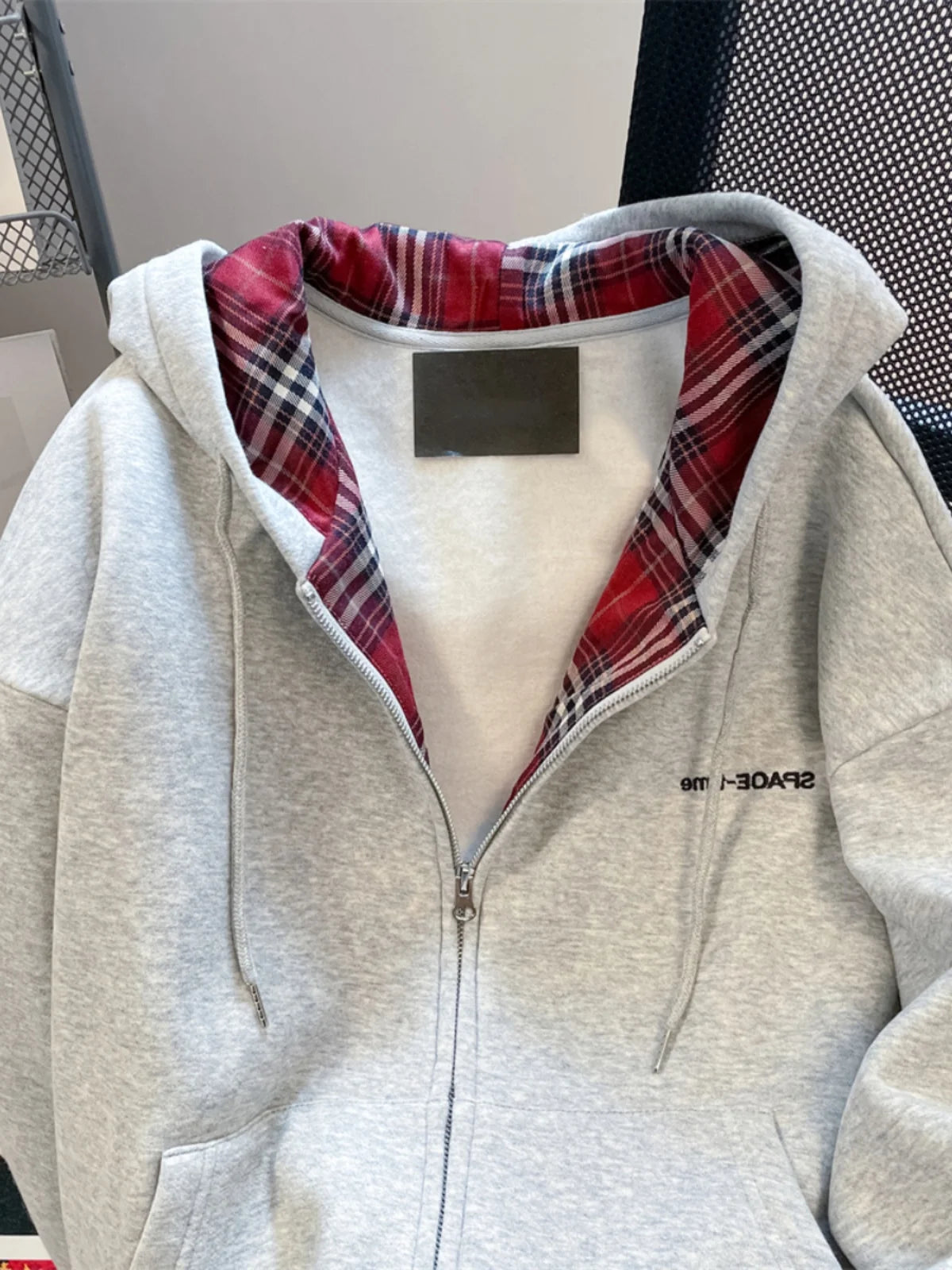 American Lazy Sle Retro Plaid Splicing Hoodie Cardigan Men's Unique Matchable Hooded Jaet Trendy Couple Outerwear