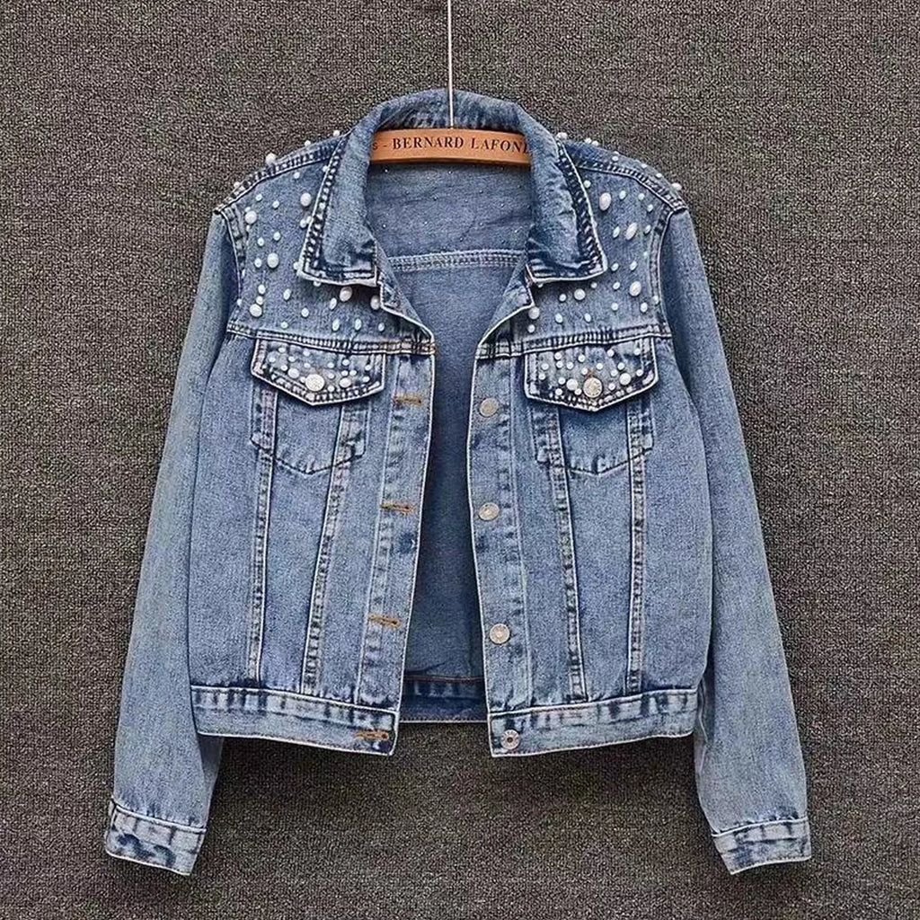 Jackets For Women Winter Women'S Large Denim Jacket Embroidered Pearl Beaded Denim Jacket Coat Jaqueta
