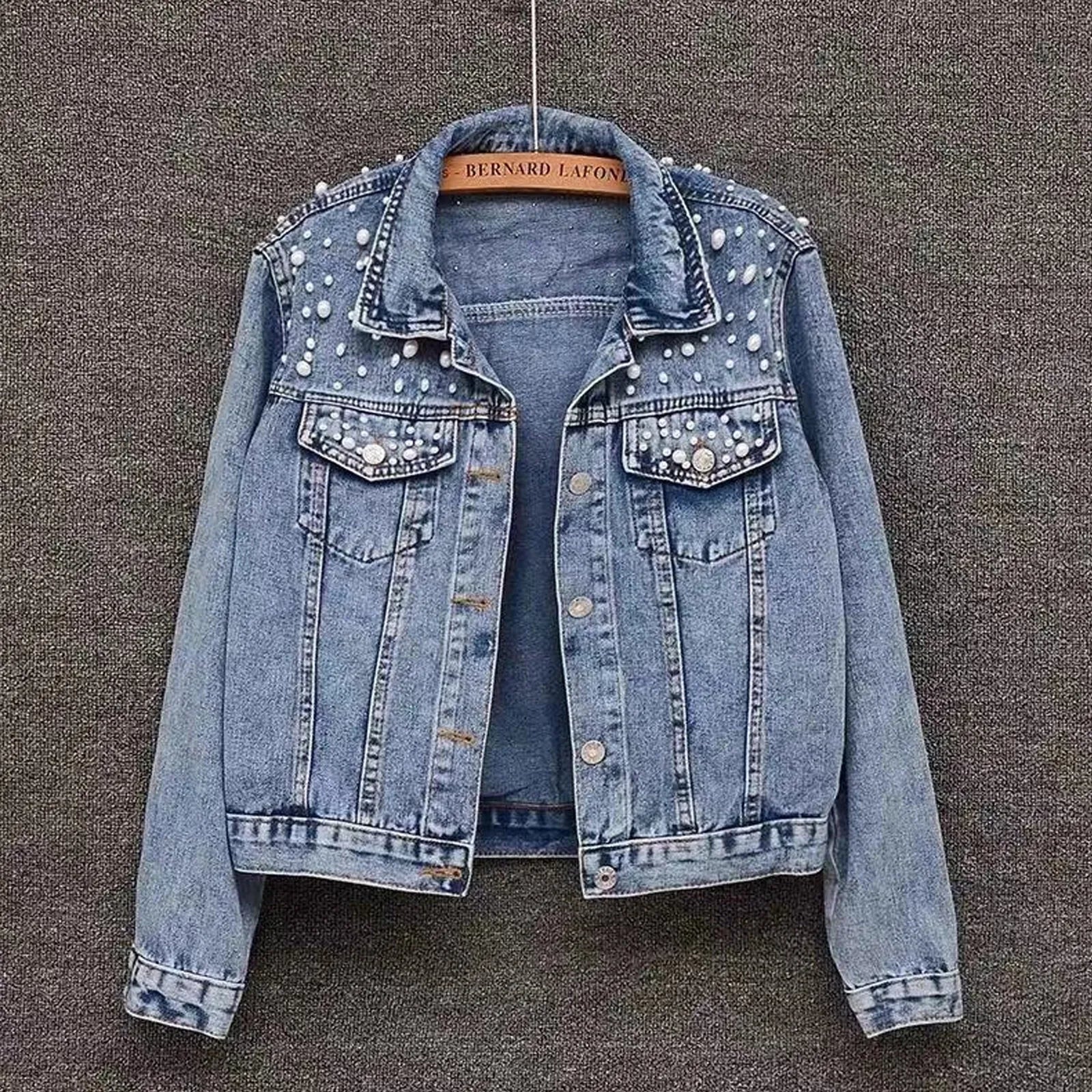 Jackets For Women Winter Women'S Large Denim Jacket Embroidered Pearl Beaded Denim Jacket Coat Jaqueta
