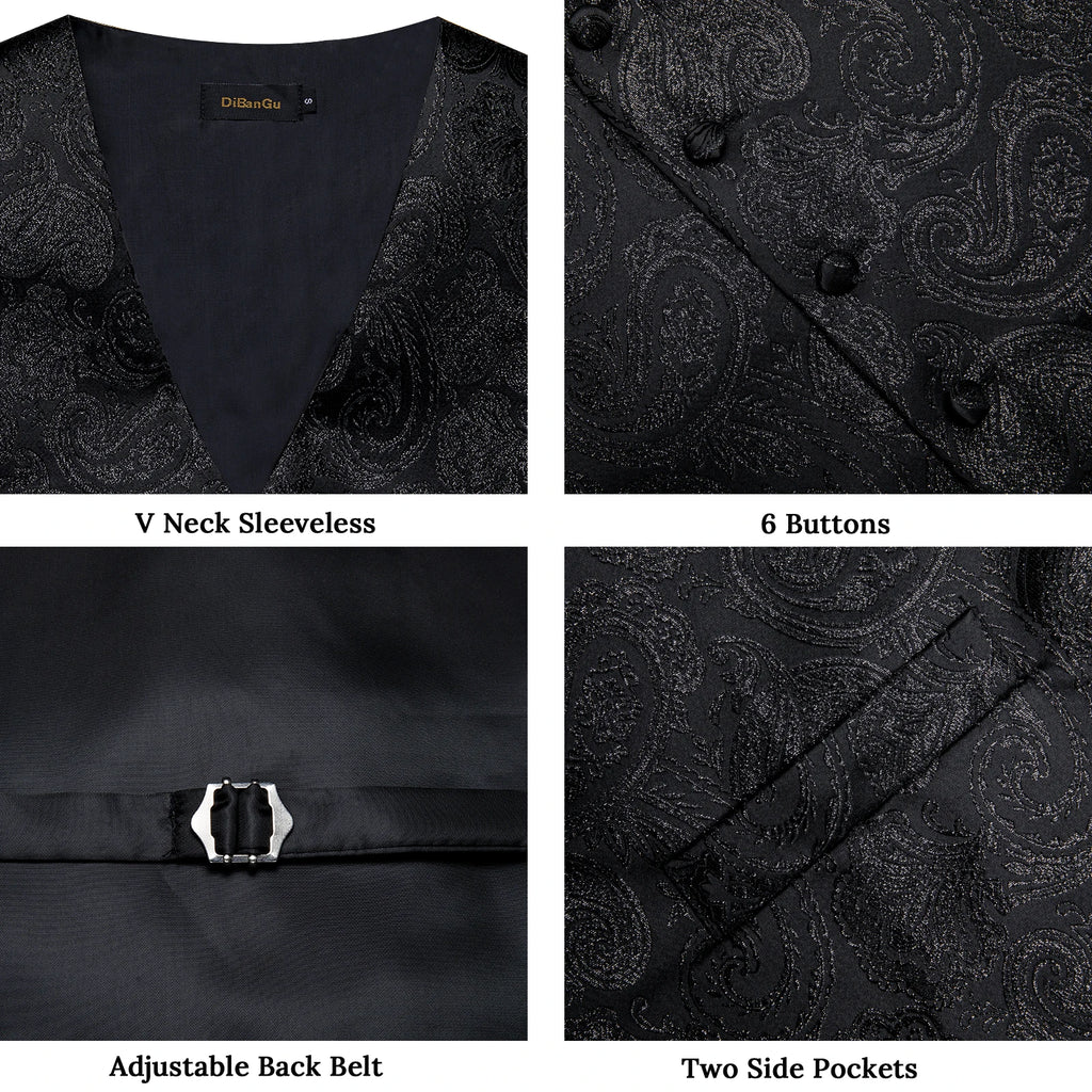 Luxury Paisley Men's Suit Vest Black Pink Red Wedding Prom Tuxedo Waistcoat Necktie Handkerchief Cufflink Sleeveless Jacket Vest