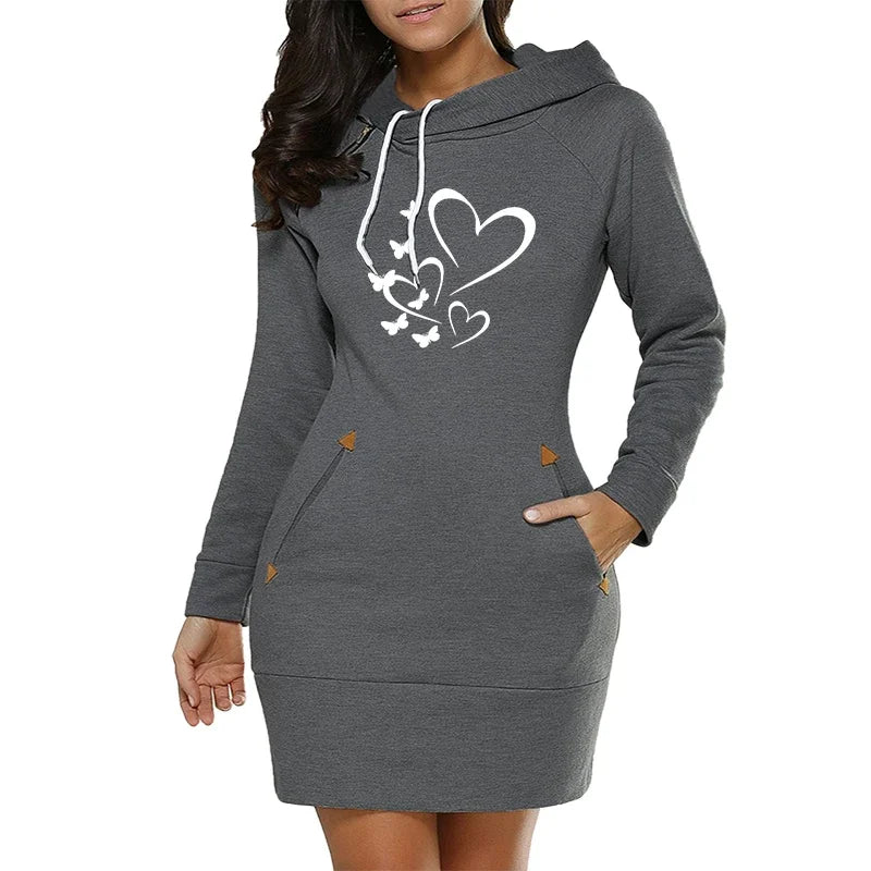 Fashion Hot Sale Womens Simplicity Midi Dresses Casual Autumn Winter Daily Comfort Slim Fit Pocket Hoodies Collar Zipper Quality