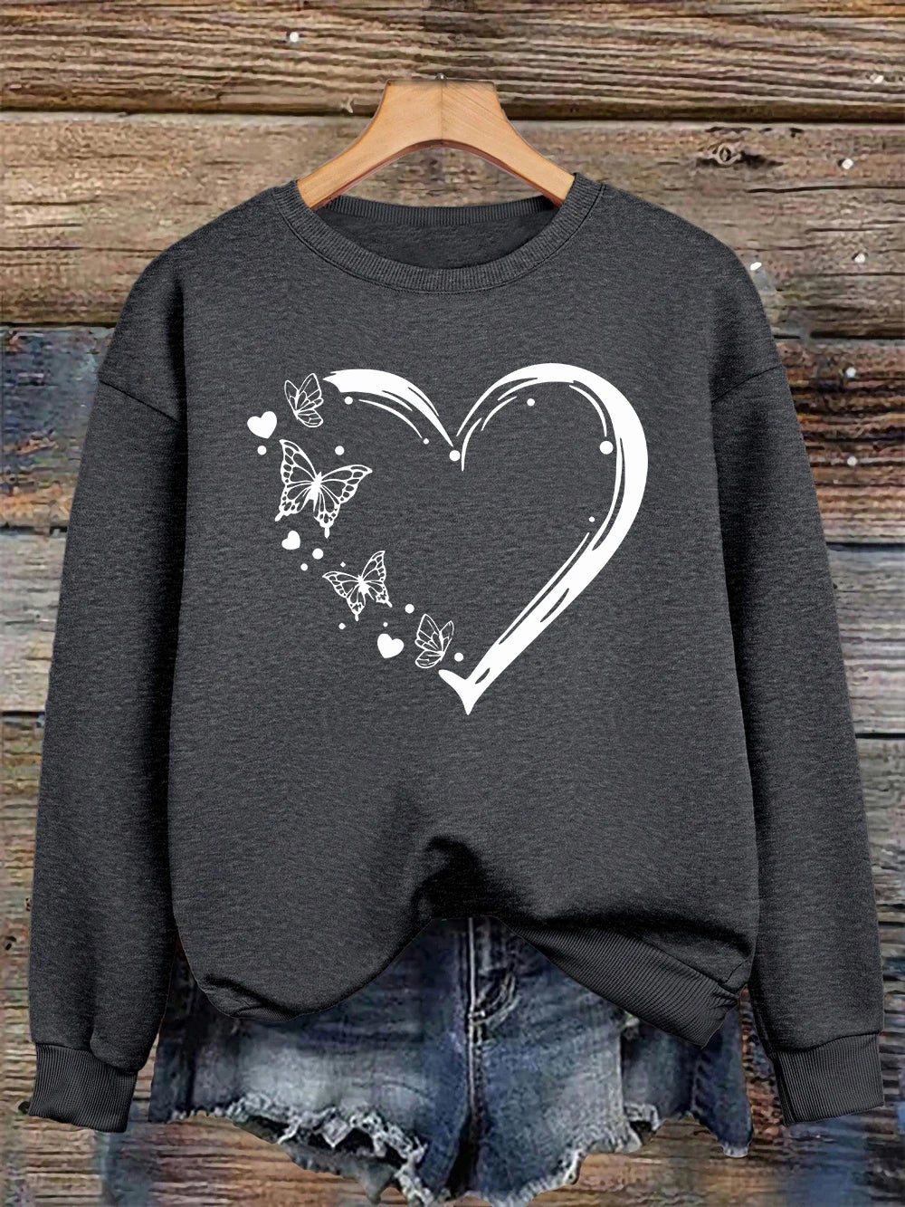 Heart Shaped Butterflyprinting Sweatshirt Womens Crewneck Basics Hoodie Loose Fleece Warm Clothes Winter Sporty Woman Streetwear
