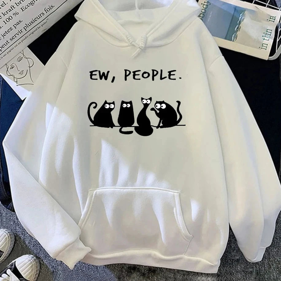 Autumn Winter Woman Hoodies EW PEOPLE Letter Print Top Funny Harajuku Cartoon Black Cat Pattern Clothing