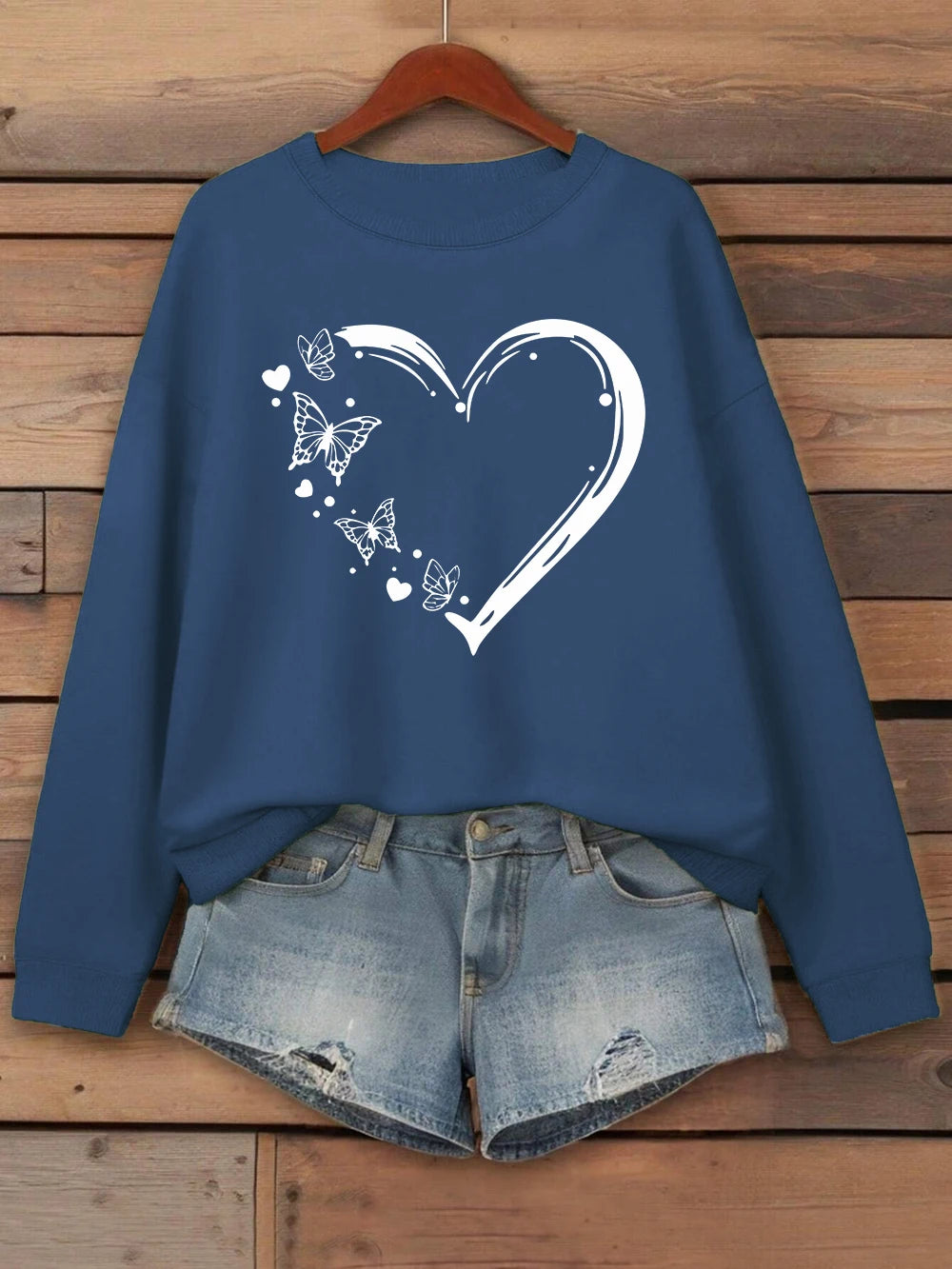 Heart Shaped Butterflyprinting Sweatshirt Womens Crewneck Basics Hoodie Loose Fleece Warm Clothes Winter Sporty Woman Streetwear