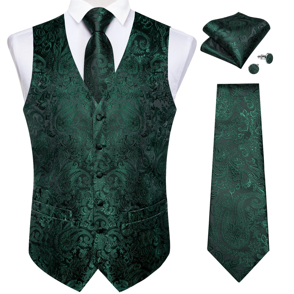 Luxury Paisley Men's Suit Vest Black Pink Red Wedding Prom Tuxedo Waistcoat Necktie Handkerchief Cufflink Sleeveless Jacket Vest