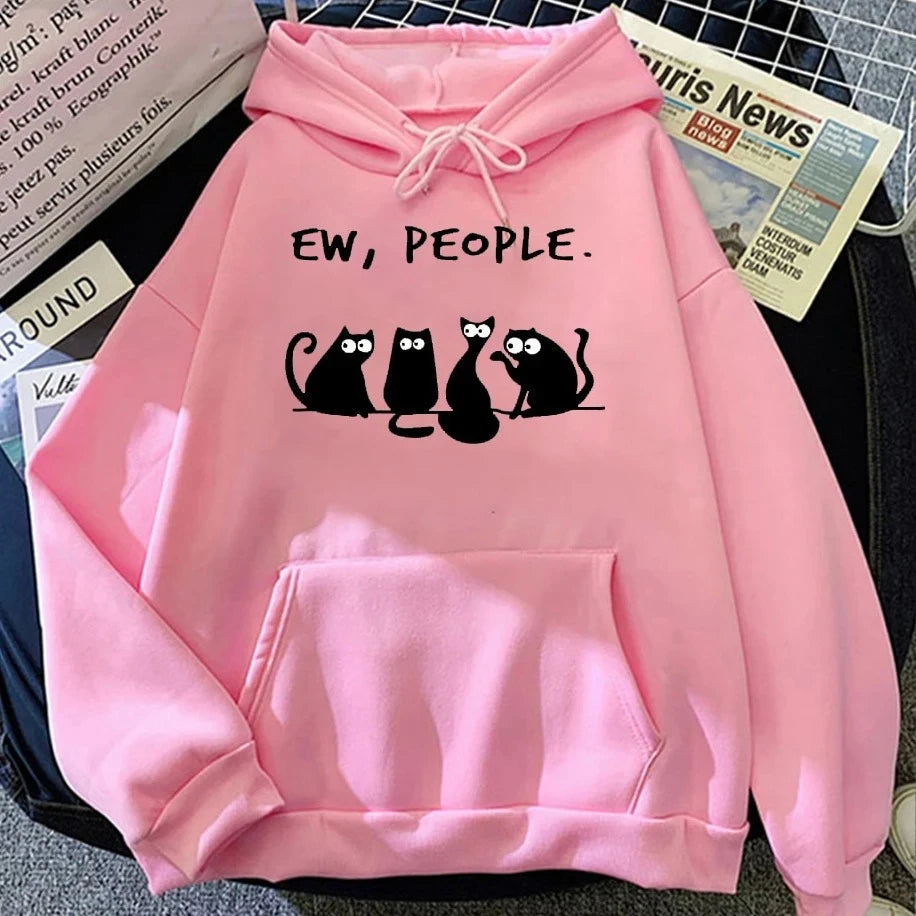 Autumn Winter Woman Hoodies EW PEOPLE Letter Print Top Funny Harajuku Cartoon Black Cat Pattern Clothing