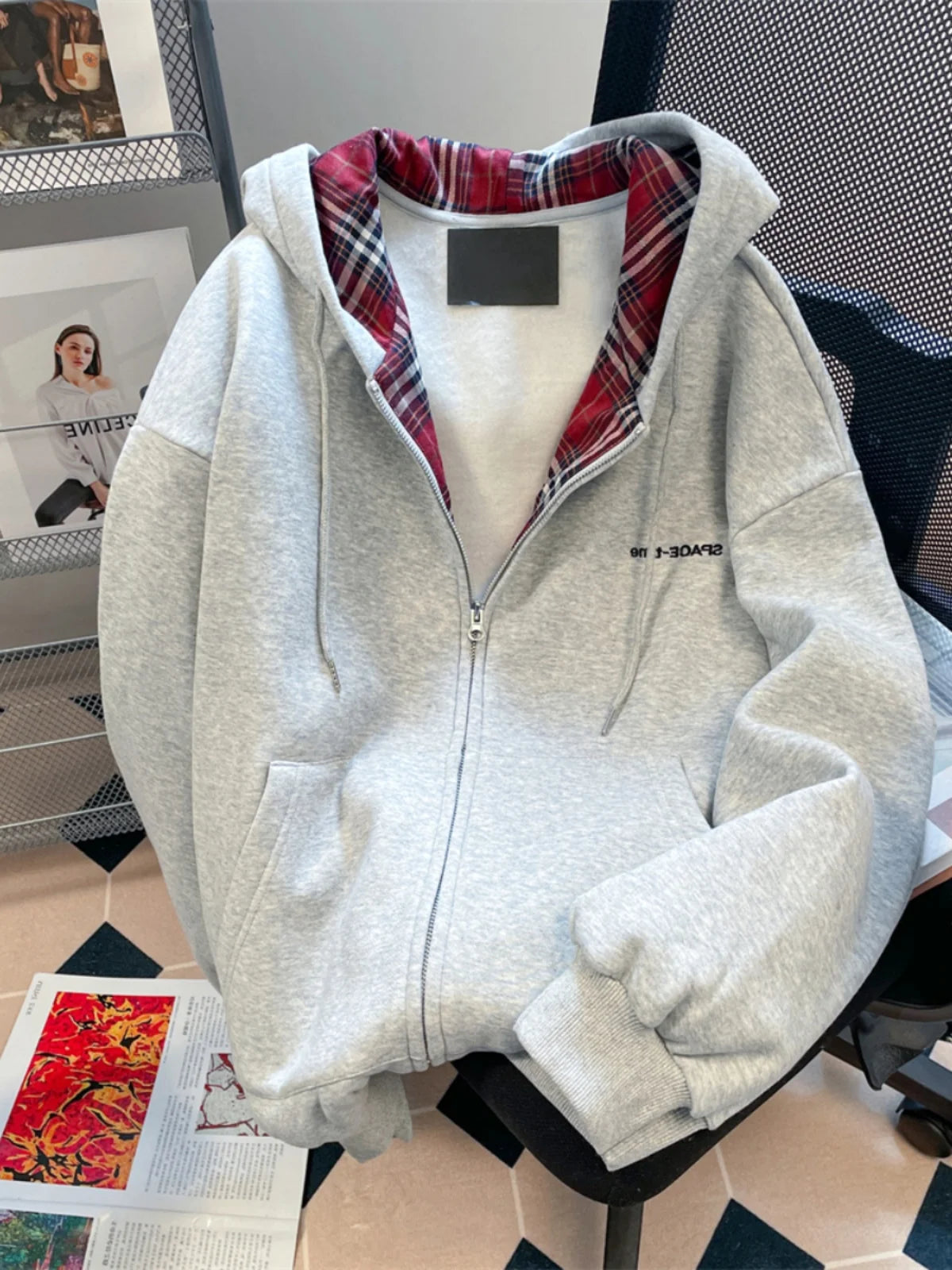 American Lazy Sle Retro Plaid Splicing Hoodie Cardigan Men's Unique Matchable Hooded Jaet Trendy Couple Outerwear