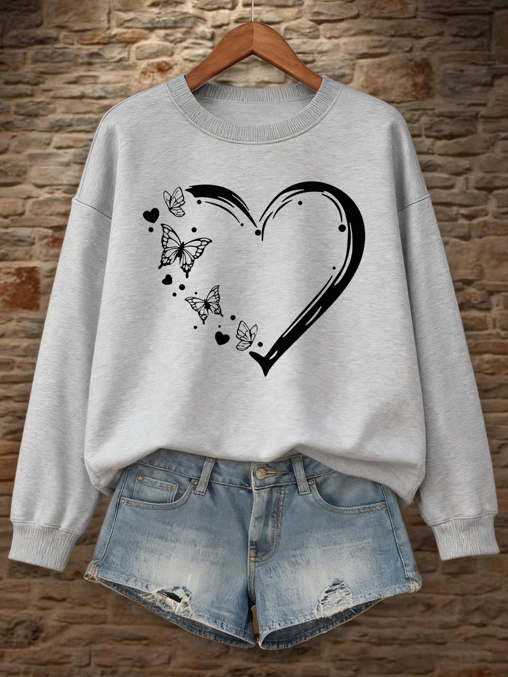 Heart Shaped Butterflyprinting Sweatshirt Womens Crewneck Basics Hoodie Loose Fleece Warm Clothes Winter Sporty Woman Streetwear