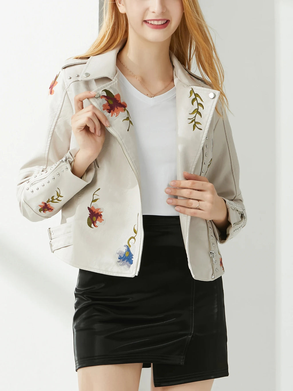 Women  Rivet Floral Embroidery Coat Lady Moto Biker Black Punk Leather Jacket Faux PU Leather Outerwear