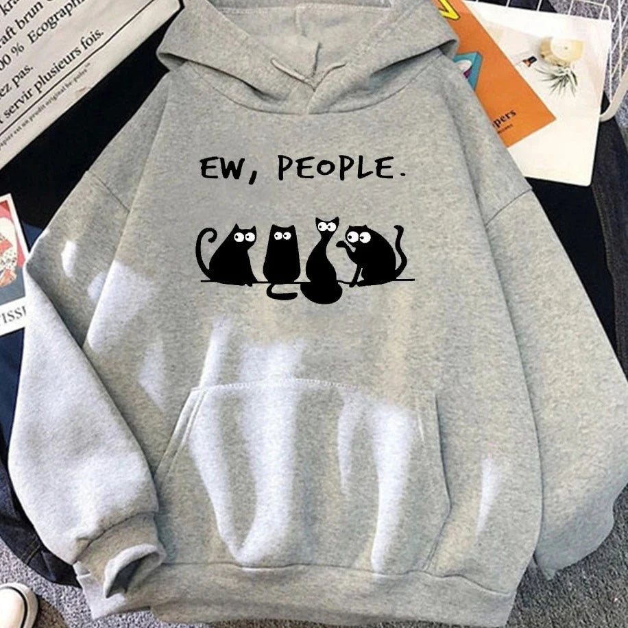 Autumn Winter Woman Hoodies EW PEOPLE Letter Print Top Funny Harajuku Cartoon Black Cat Pattern Clothing