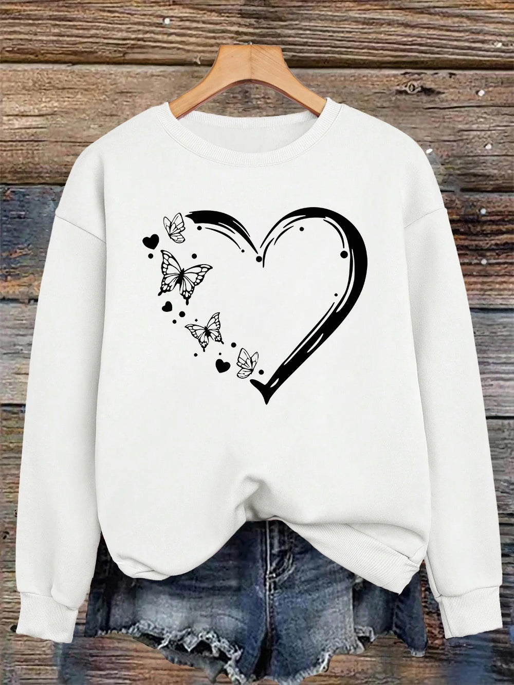 Heart Shaped Butterflyprinting Sweatshirt Womens Crewneck Basics Hoodie Loose Fleece Warm Clothes Winter Sporty Woman Streetwear