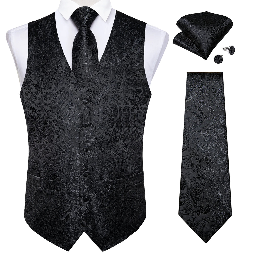 Luxury Paisley Men's Suit Vest Black Pink Red Wedding Prom Tuxedo Waistcoat Necktie Handkerchief Cufflink Sleeveless Jacket Vest
