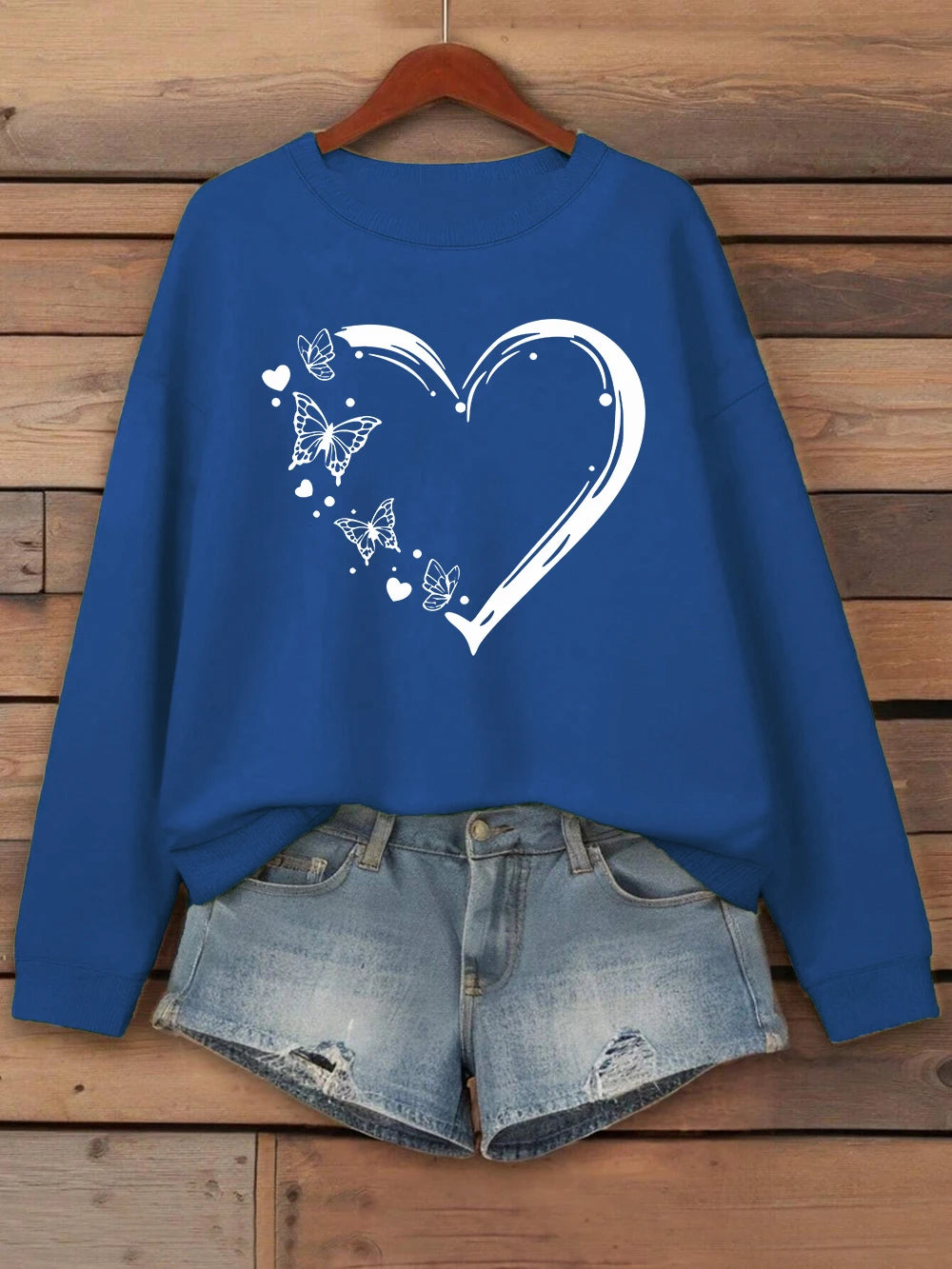 Heart Shaped Butterflyprinting Sweatshirt Womens Crewneck Basics Hoodie Loose Fleece Warm Clothes Winter Sporty Woman Streetwear