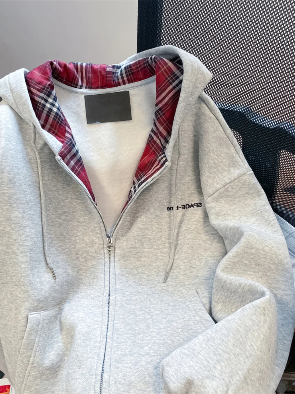 American Lazy Sle Retro Plaid Splicing Hoodie Cardigan Men's Unique Matchable Hooded Jaet Trendy Couple Outerwear