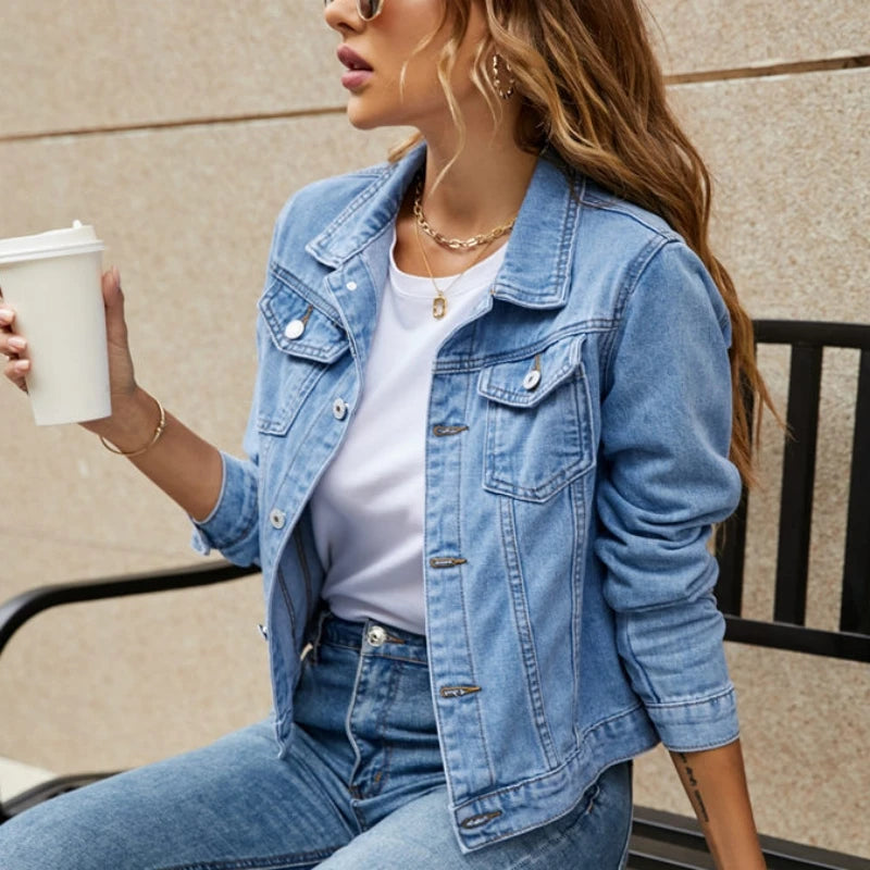 Fashion Vintage Jean Jackets Autumn New Long Sleeve Casual Solid Cardigan Denim Coat Casual Pocket Outwear