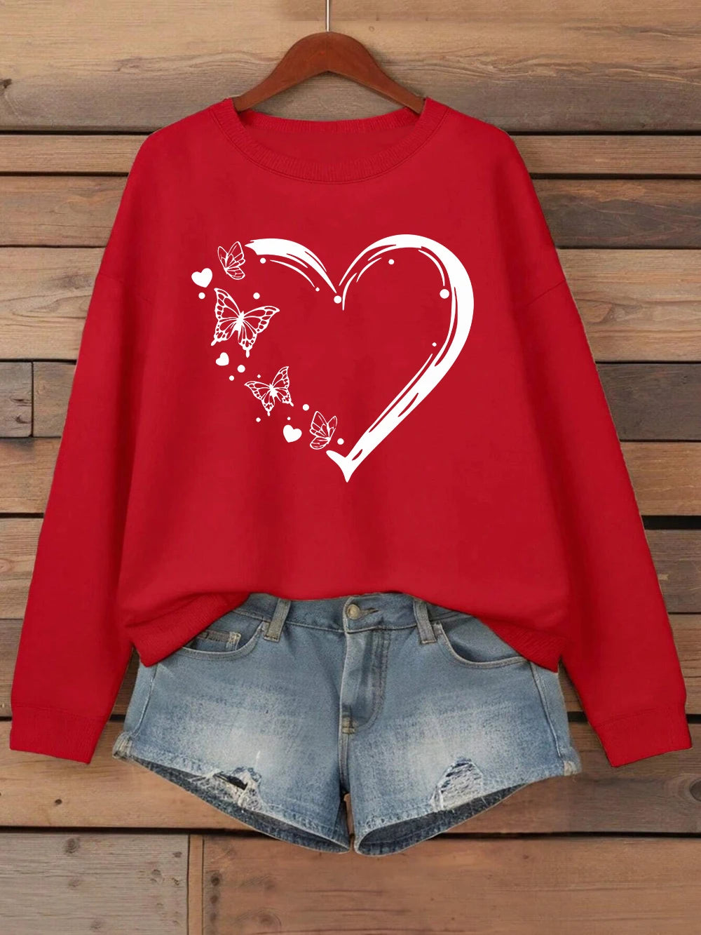Heart Shaped Butterflyprinting Sweatshirt Womens Crewneck Basics Hoodie Loose Fleece Warm Clothes Winter Sporty Woman Streetwear