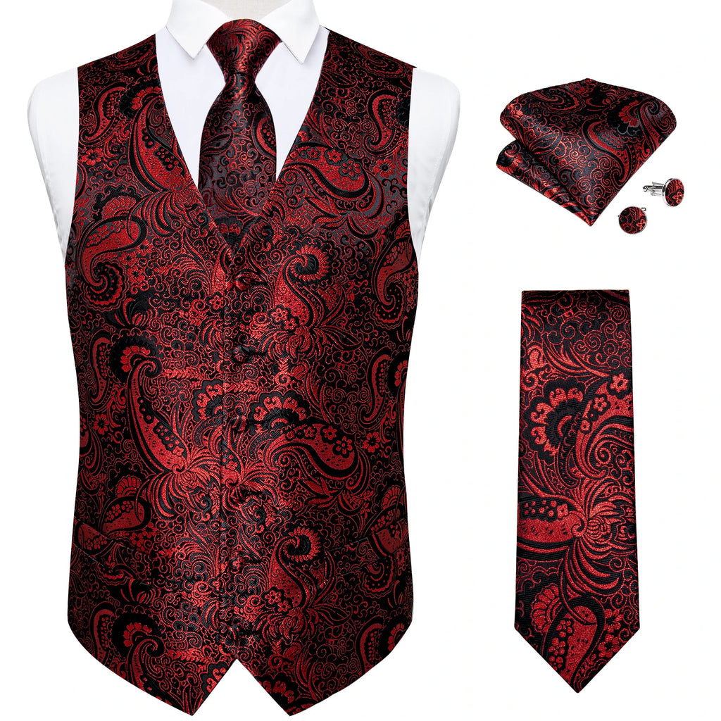 Luxury Paisley Men's Suit Vest Black Pink Red Wedding Prom Tuxedo Waistcoat Necktie Handkerchief Cufflink Sleeveless Jacket Vest
