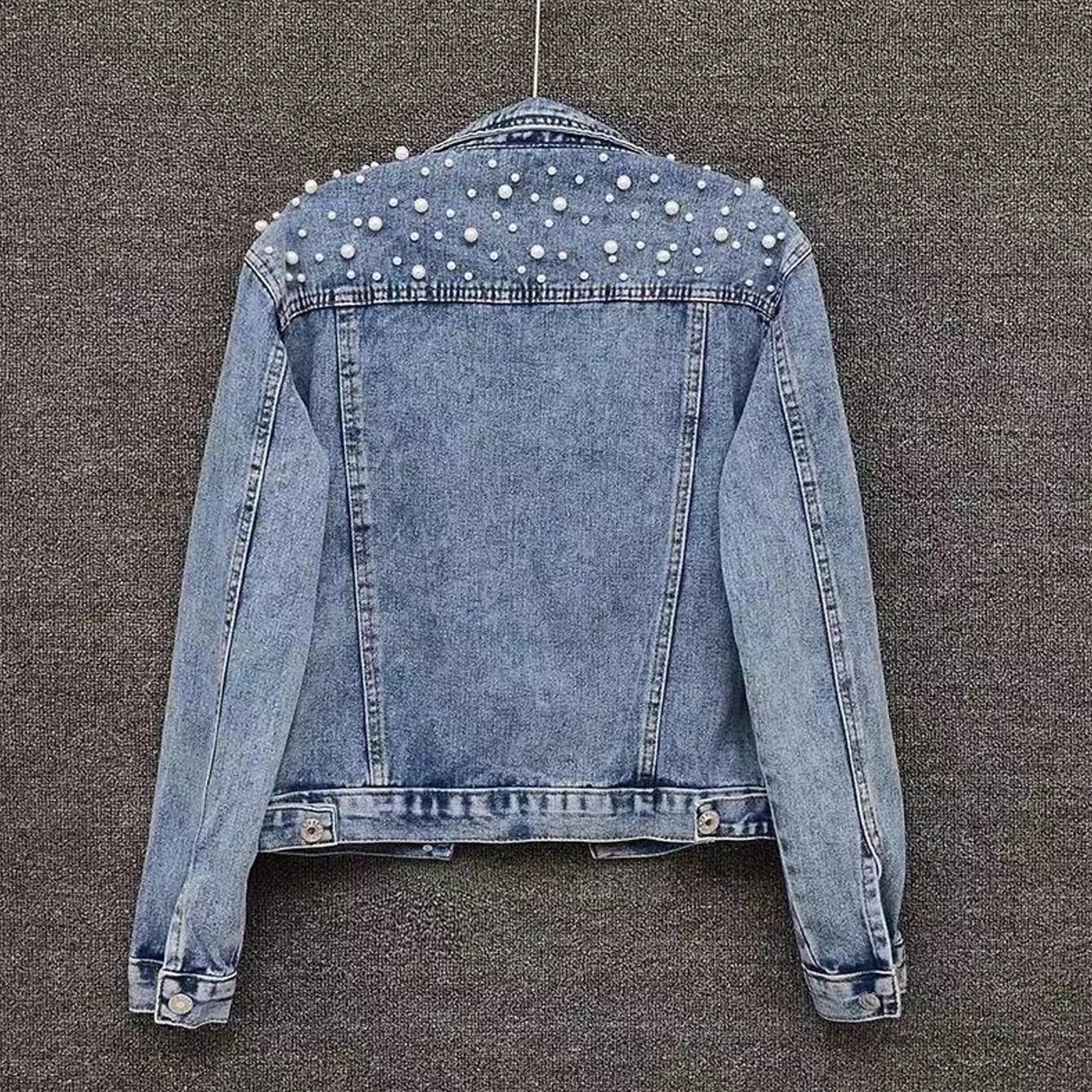 Jackets For Women Winter Women'S Large Denim Jacket Embroidered Pearl Beaded Denim Jacket Coat Jaqueta