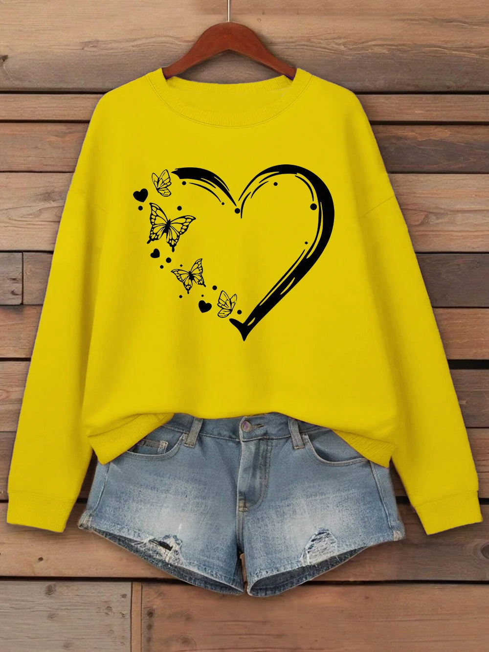 Heart Shaped Butterflyprinting Sweatshirt Womens Crewneck Basics Hoodie Loose Fleece Warm Clothes Winter Sporty Woman Streetwear