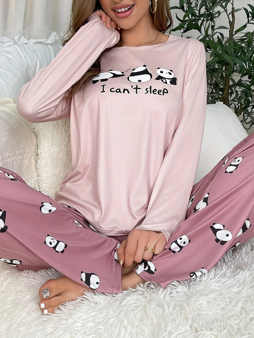 Women's new style pajamas set Cute Panda long sleeve pants two-piece casual home wear