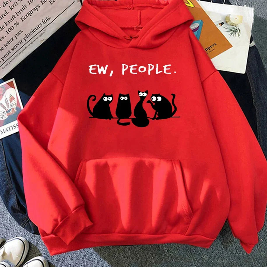 Autumn Winter Woman Hoodies EW PEOPLE Letter Print Top Funny Harajuku Cartoon Black Cat Pattern Clothing