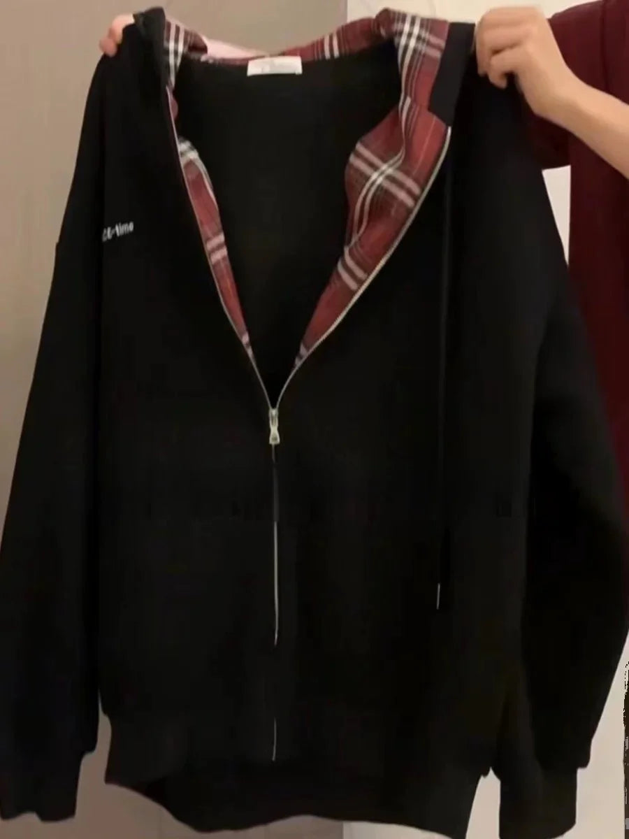 American Lazy Sle Retro Plaid Splicing Hoodie Cardigan Men's Unique Matchable Hooded Jaet Trendy Couple Outerwear